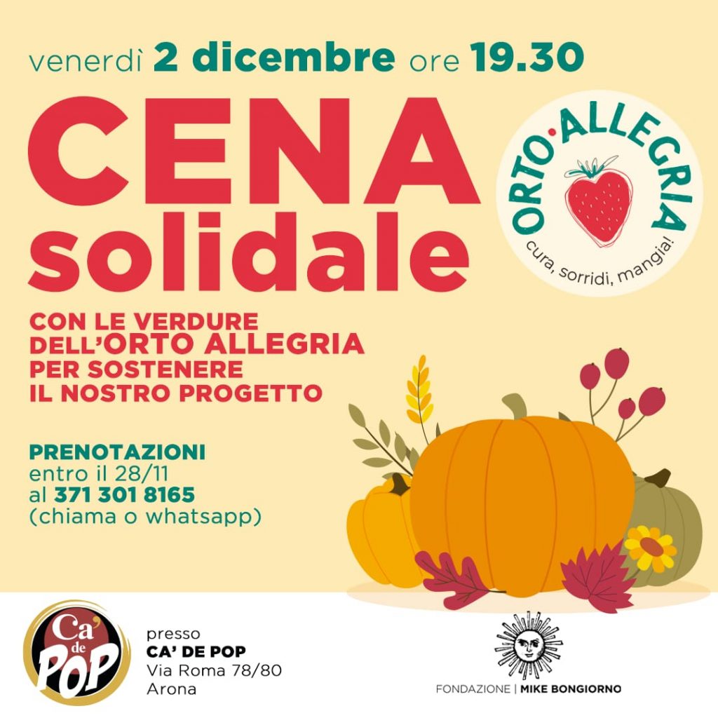 Cena Solidale Orto Allegria - Venerdì 2 dicembre 2022